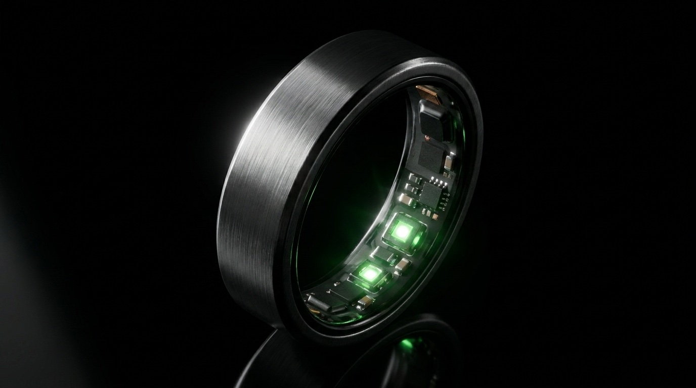 Macro shot of the UbiRing brushed-titanium band, rim-lit against black